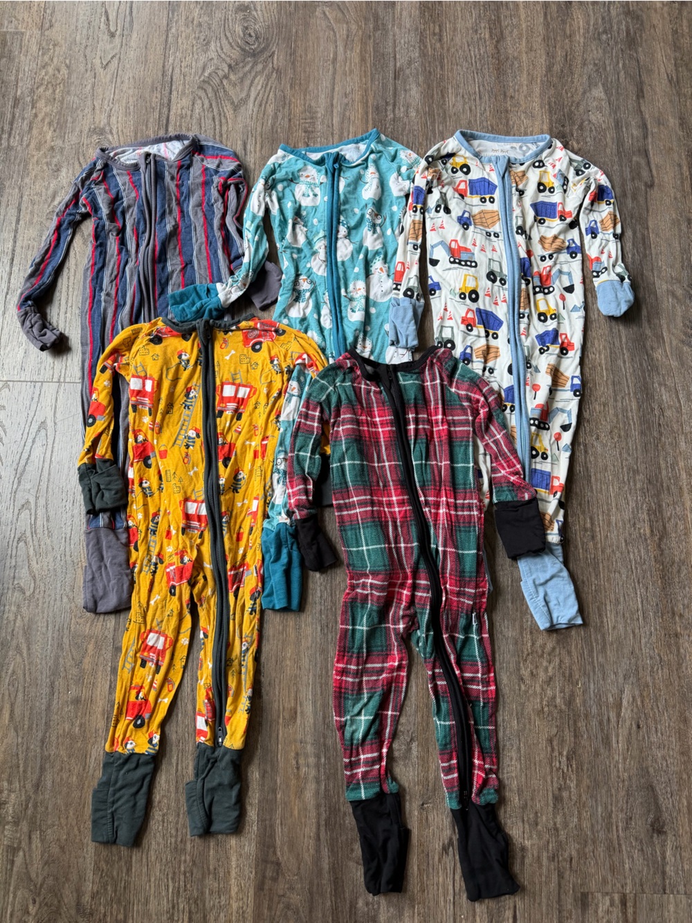 Little Sleepies 6-12 Month Bamboo Zippy Set of 5 Fire trucks, snowmen, stripes
